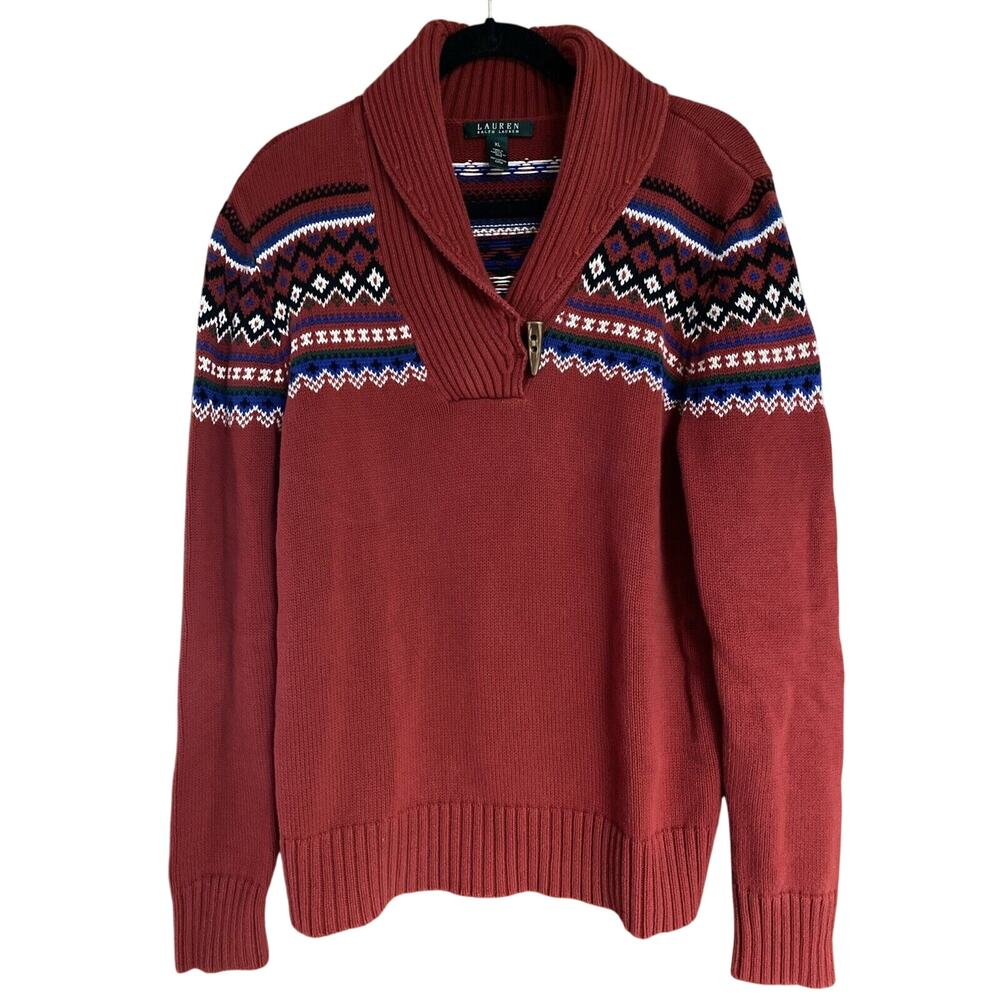 Lauren Ralph Lauren Womens XLarge Red Fair Isle Shawl Collar Horn Toggle Button